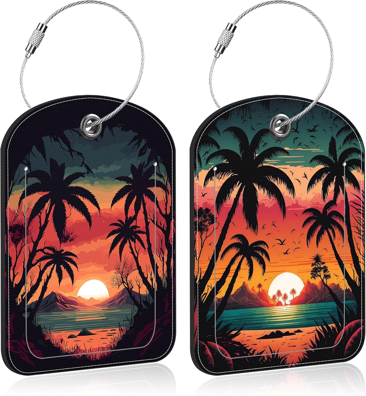 Sunset Mountain Lake Palm Tree Leather Luggage Tag for Suitcase 2 Pack Luggage Tag with Privacy Name ID Label and Stainless Steel Loop for Travel Bag Suitcase