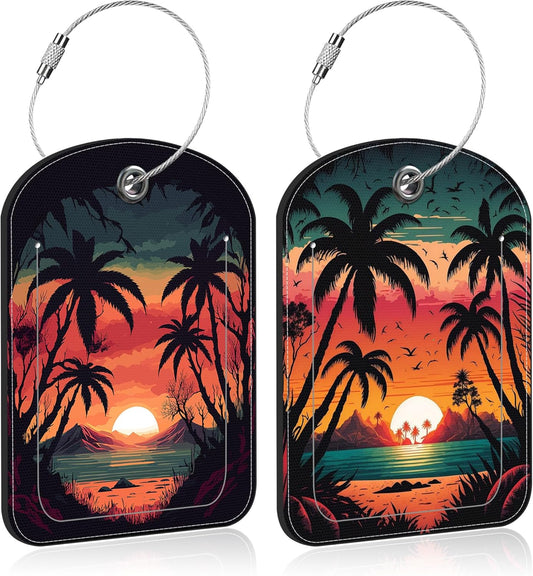 Sunset Mountain Lake Palm Tree Leather Luggage Tag for Suitcase 2 Pack Luggage Tag with Privacy Name ID Label and Stainless Steel Loop for Travel Bag Suitcase