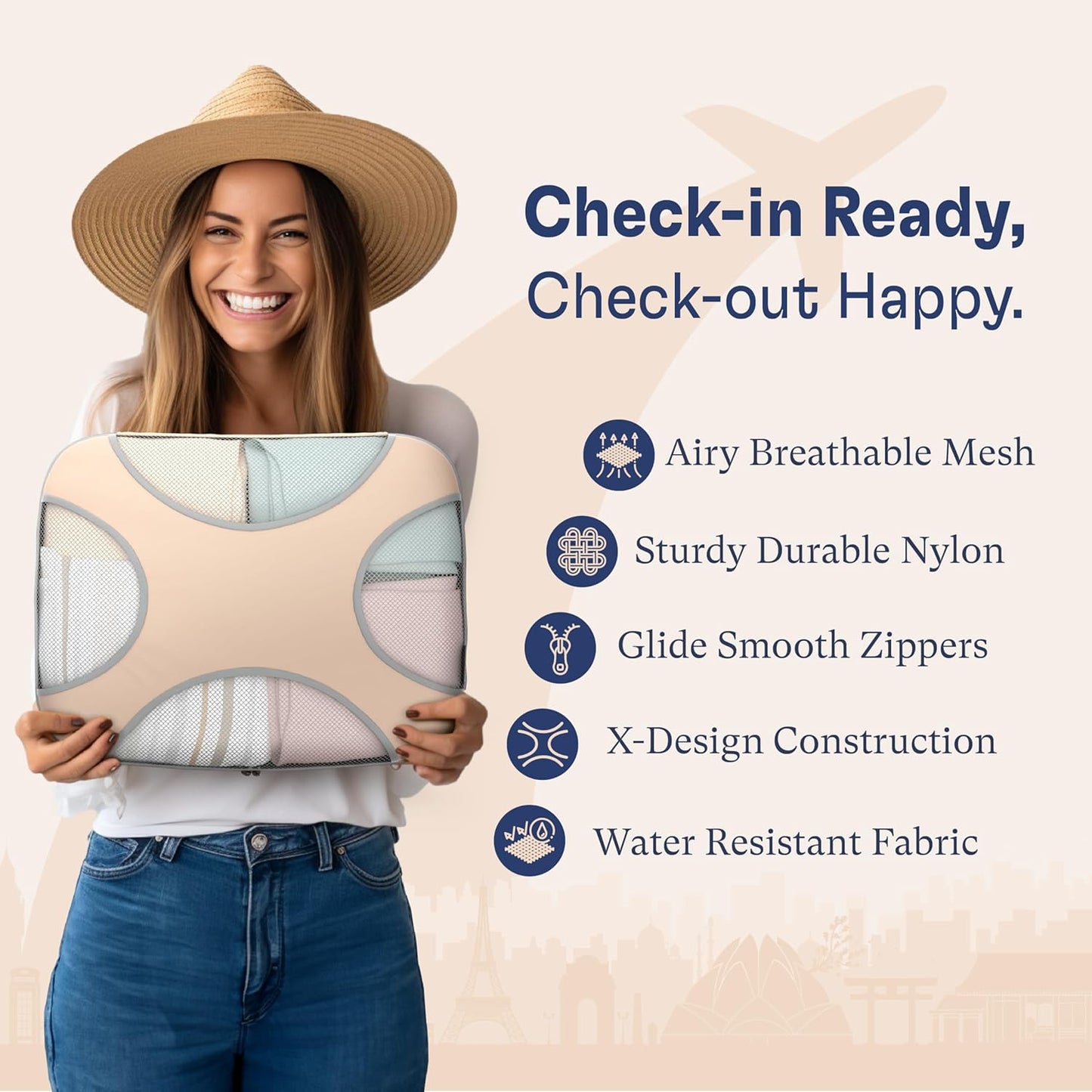 Shacke Premium 5 Packing Cubes Set - Lightweight Mesh Travel Luggage Organizers with Laundry Bag, 5-Piece Suitcase Storage System (Nude Biege)