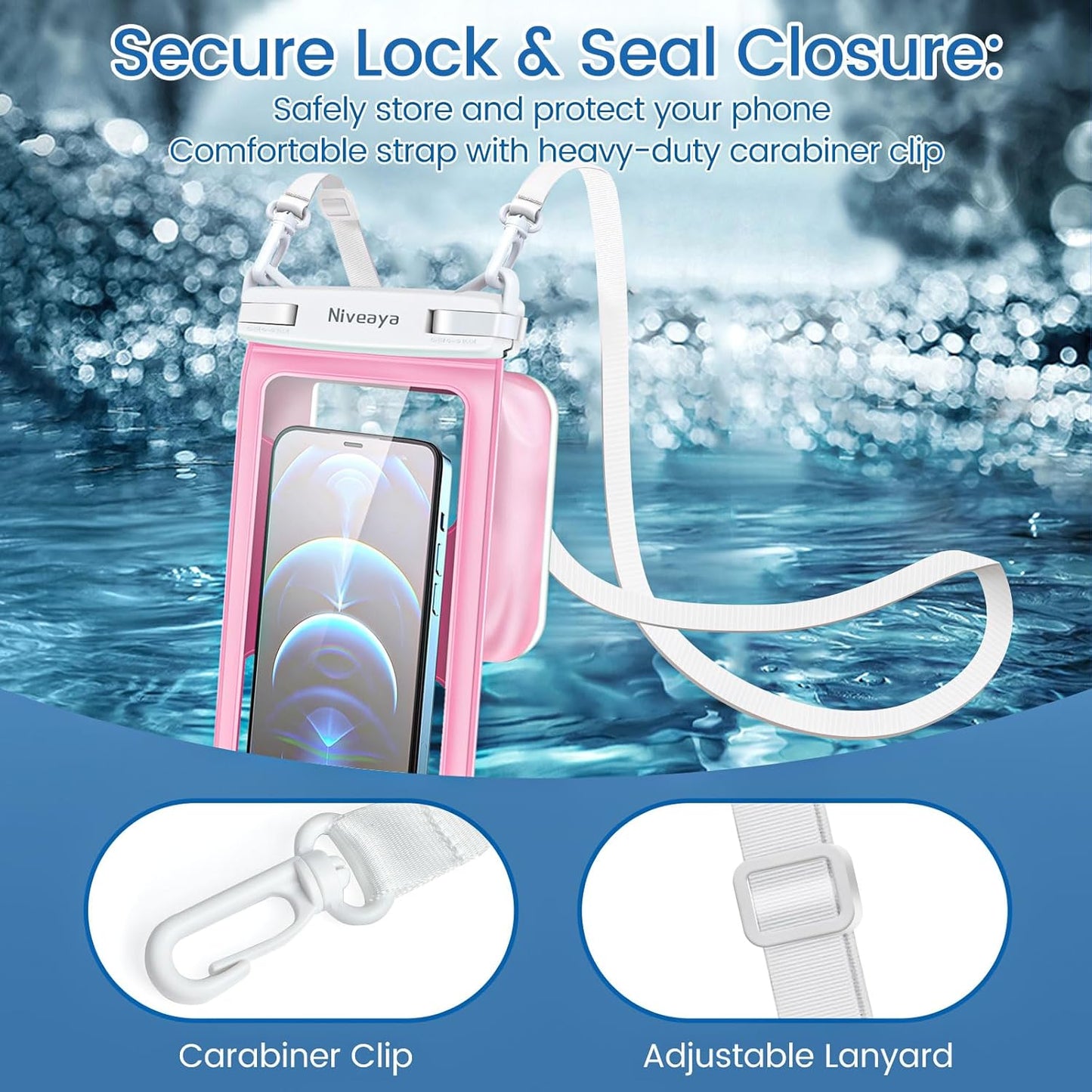Niveaya [Floatable Floating Waterproof Phone Pouch 2 Pack-Up to 8.5", Large Space Adjustable Neck Lanyard Waterproof Phone Case, Phone Dry Bags for Vacation Beach Pool Kayak Cruise Travel Essentials