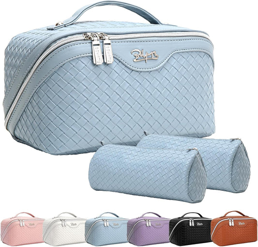 BOYATU Travel Makeup Bags for Women: Large Makeup Organizer - PU Leather Make up Bag Set of 3 - Portable Toiletry Bag with Compartments & Handle & Divider (L04 Light Blue)