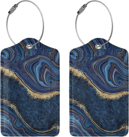 2PC Dark Blue Marble Luggage Tags Leather Suitcase Tag Privacy Name ID Card Quick to Find Out Travel Bag Labels with Stainless Steel Loop for Women Men Chilren Set of 2