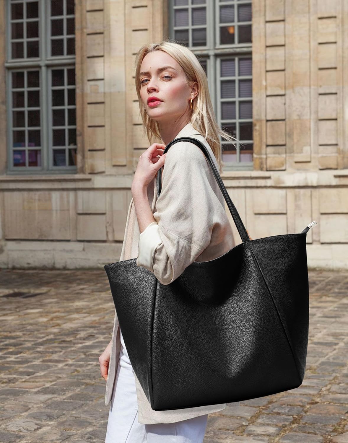 KALIDI Large Tote Bag Vegan Leather Casual Zipper Work Bag Weekender Hobo for Women 23L Oversize Shoulder Travel Purse