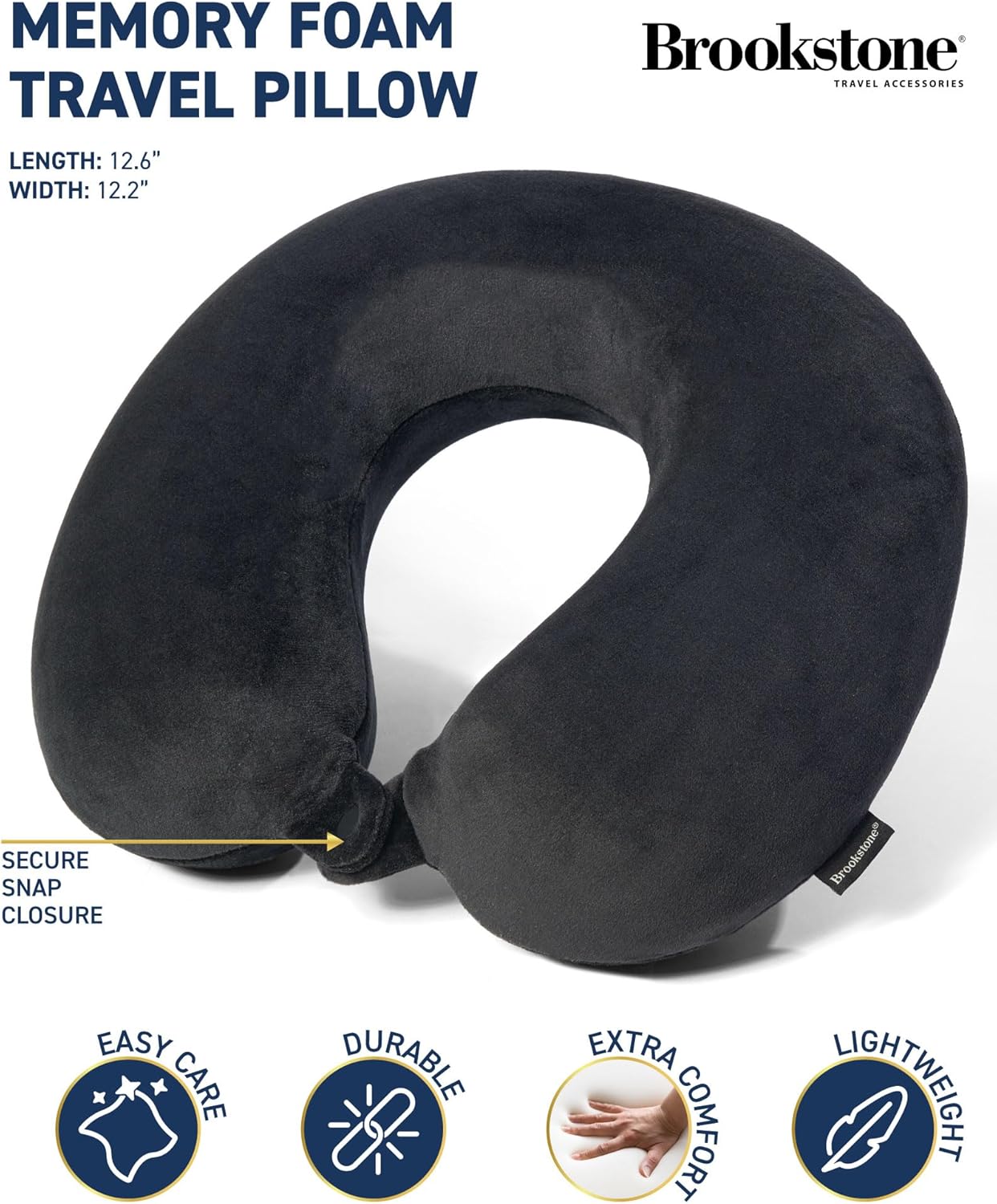 Brookstone Travel Neck Pillow - Lightweight Fleece Casing U-Shaped Stuffable Memory Foam Travel Pillow for Sleeping and Neck Support, Black