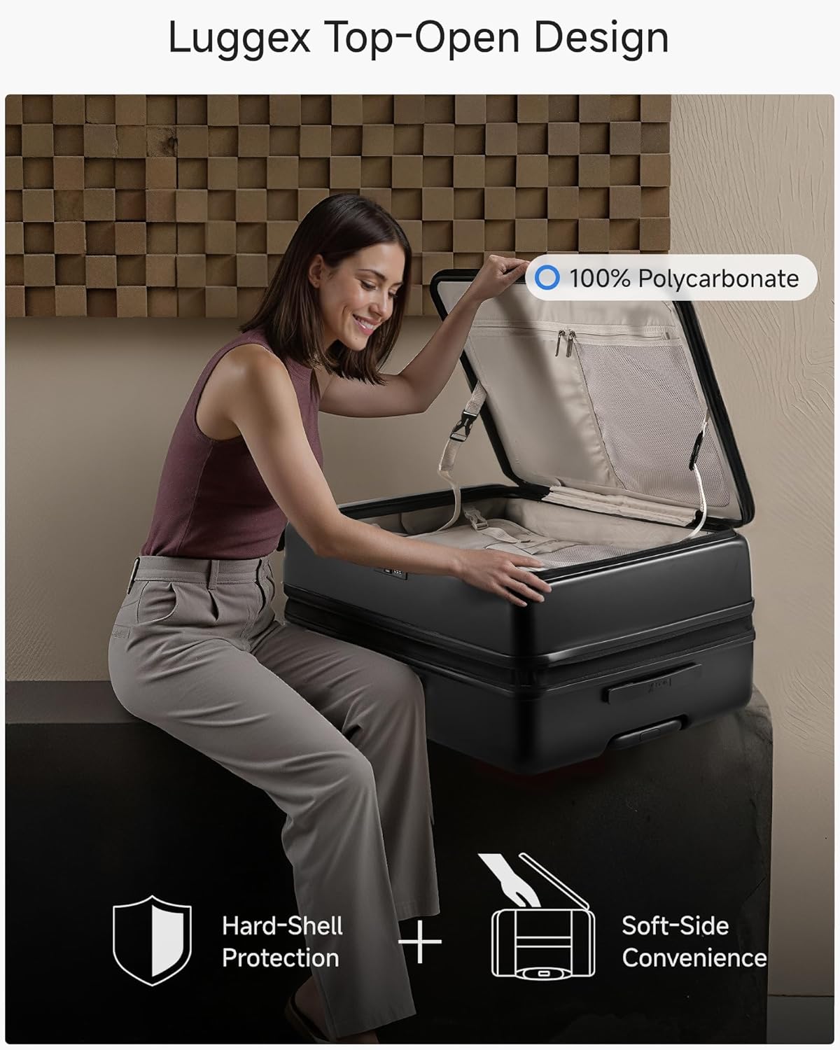 LUGGEX Checked Suitcase Top Opening, FLT Expandable Polycarbonate Hard Shell Suitcase with Wheels (FLO-Lite, Black, 28 Inch, 105L-115L)