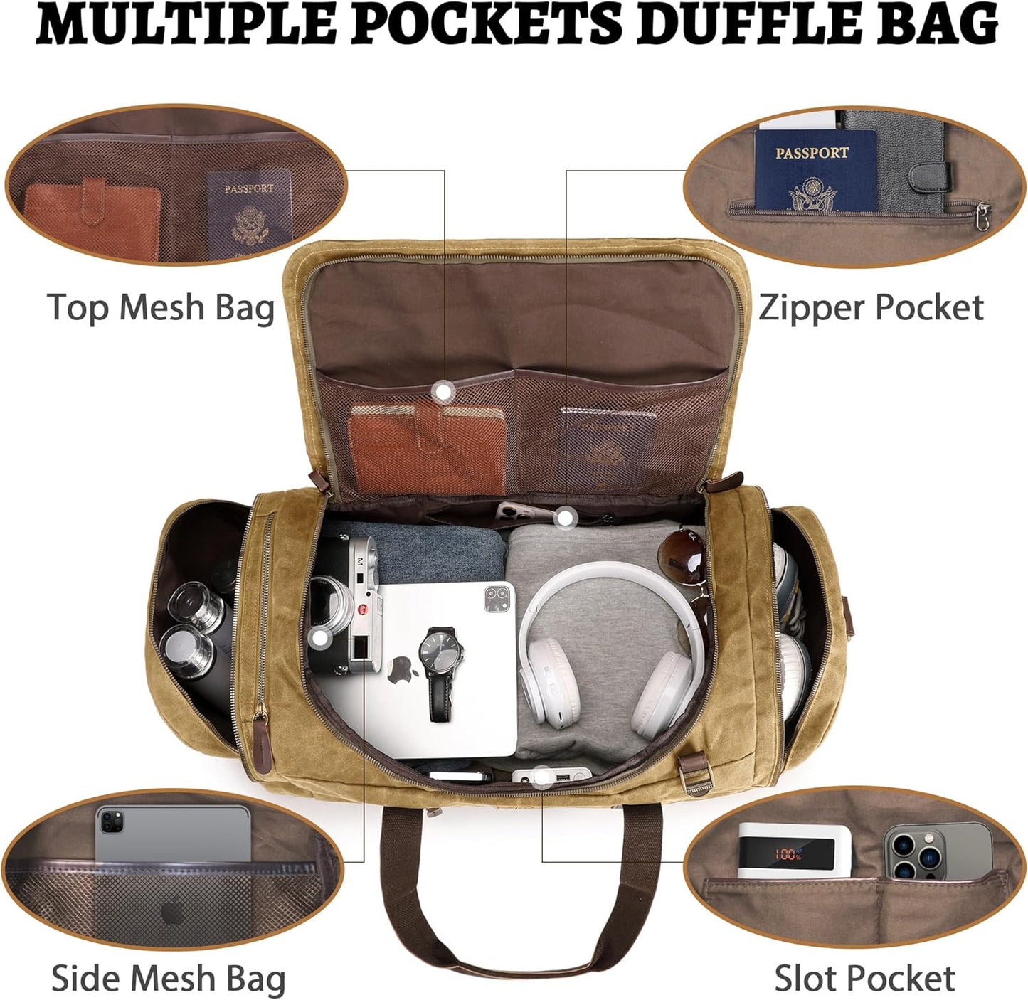 50L Duffle Bag for Men, Nomad Waxed Canvas Travel Duffel Bag Vintage Genuine Leather Travel Handbag Upgraded Weekender Overnight Backpack with Shoes Compartment (Vintage Brown)