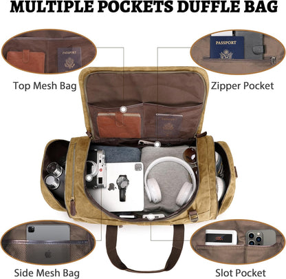 50L Duffle Bag for Men, Nomad Waxed Canvas Travel Duffel Bag Vintage Genuine Leather Travel Handbag Upgraded Weekender Overnight Backpack with Shoes Compartment (Vintage Brown)