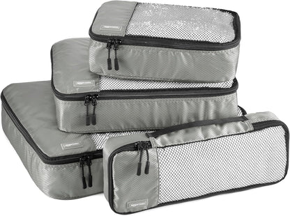 Amazon Basics Lightweight Packing Cubes Travel Organizer Set with Double Zipper, Mesh Top, Multiple Sizes, 4 Piece, Gray