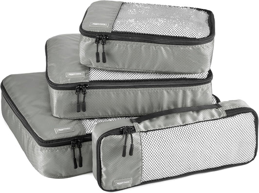 Amazon Basics Lightweight Packing Cubes Travel Organizer Set with Double Zipper, Mesh Top, Multiple Sizes, 4 Piece, Gray