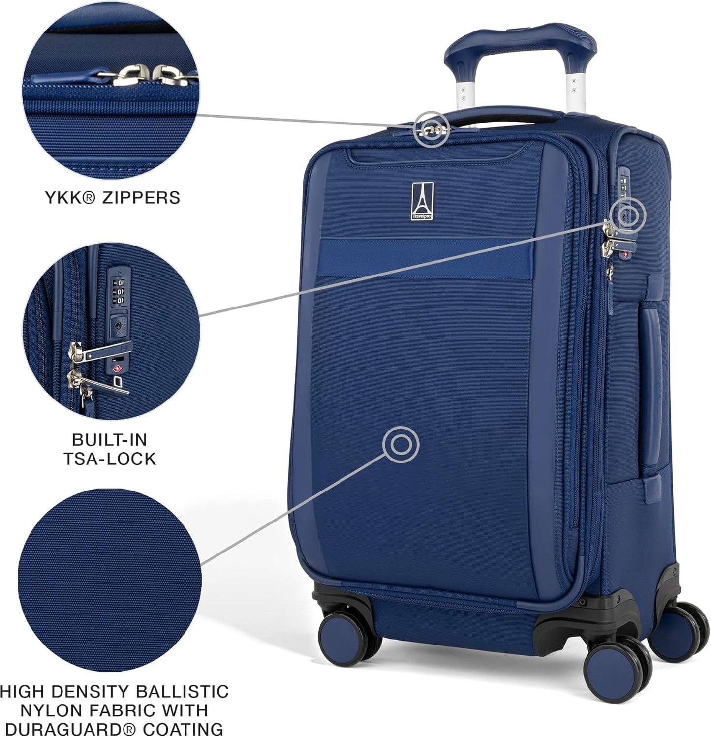 Travelpro VersaPack+ Lightweight Softside Expandable Carry on Luggage, 8 Spinner Suitcase, TSA Lock, Men and Women, Carry On 21-Inch, Estate Blue