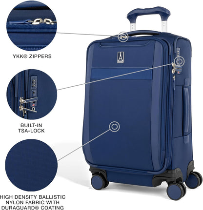 Travelpro VersaPack+ Lightweight Softside Expandable Carry on Luggage, 8 Spinner Suitcase, TSA Lock, Men and Women, Carry On 21-Inch, Estate Blue