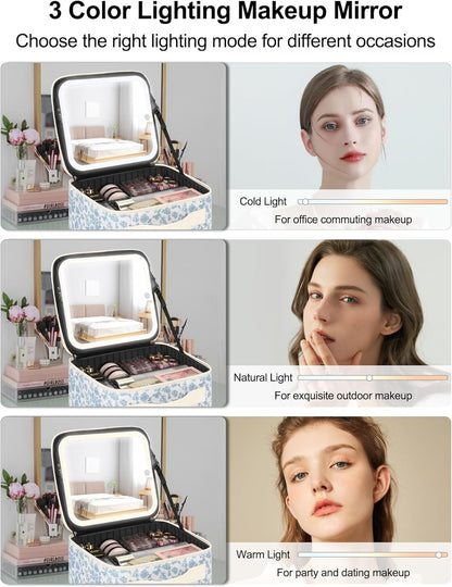 Chomeiu Makeup Bag with LED Mirror, Cute Cosmetic Bags Birthday Gifts for Girls Women, Makeup Train Case Artists Organizer Large Make Up Bags with Light Up Mirror 3 Color Lights, Floral Print
