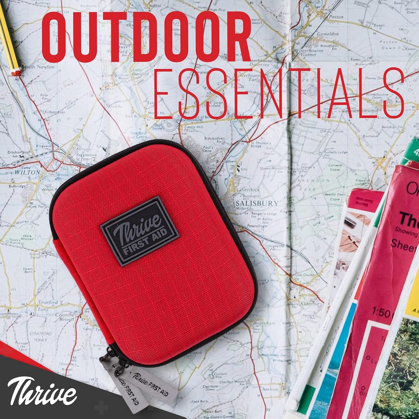Thrive Travel Essentials Mini First Aid Kit - 66-Piece, Red Shell Case - Hiking, Camping & Cruise Essentials - Mini Medicine Kit