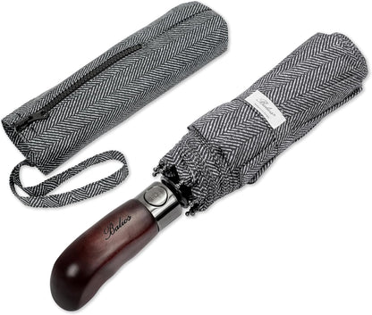 Balios Travel Folding Umbrella with Real Wood Handle Auto Open Close Vented Windproof Canopy - Designed in UK