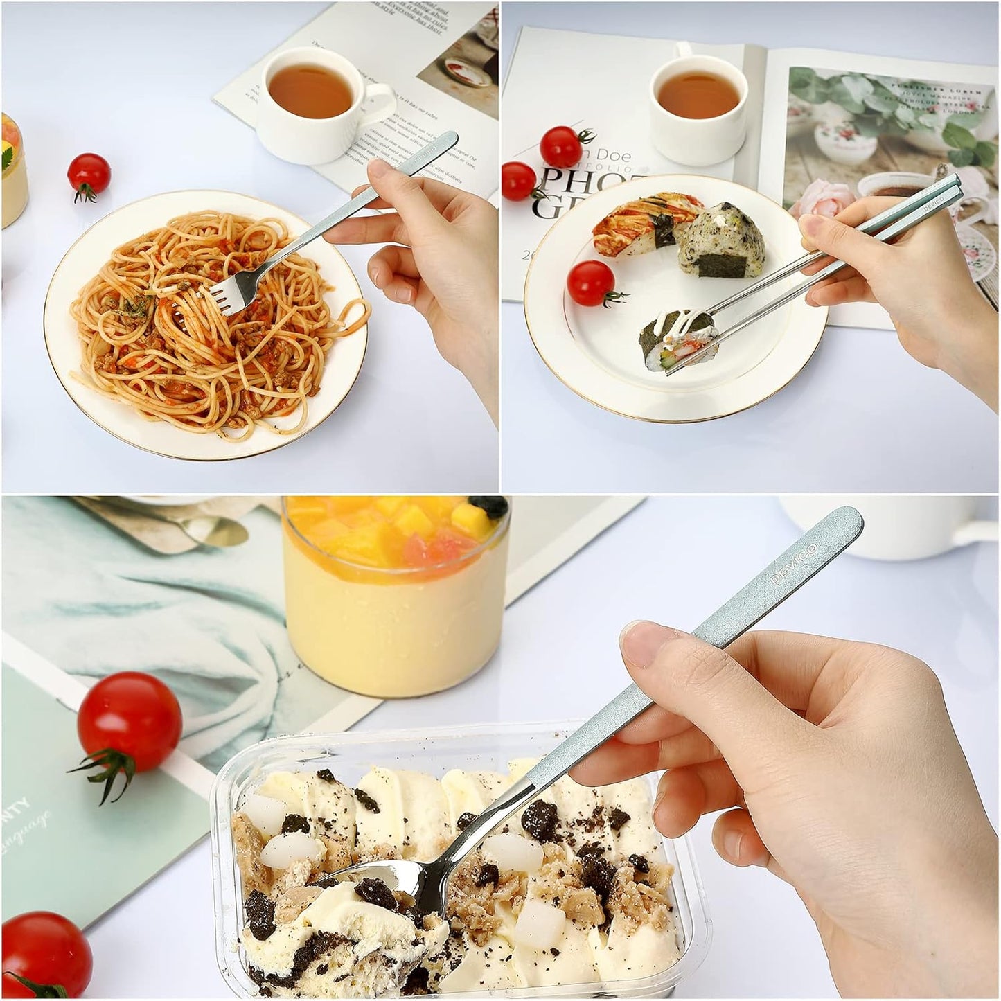 DEVICO Portable Travel Utensils with Case, Reusable Camping Silverware for Lunch, 18/8 Stainless Steel Cutlery Set (Blue)