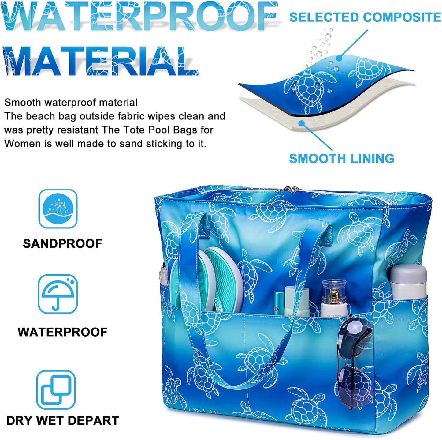 Waterproof Beach Tote Pool Bags for Women Ladies Extra Large Gym Tote Carry On Bag With Wet Compartment for Weekender Travel