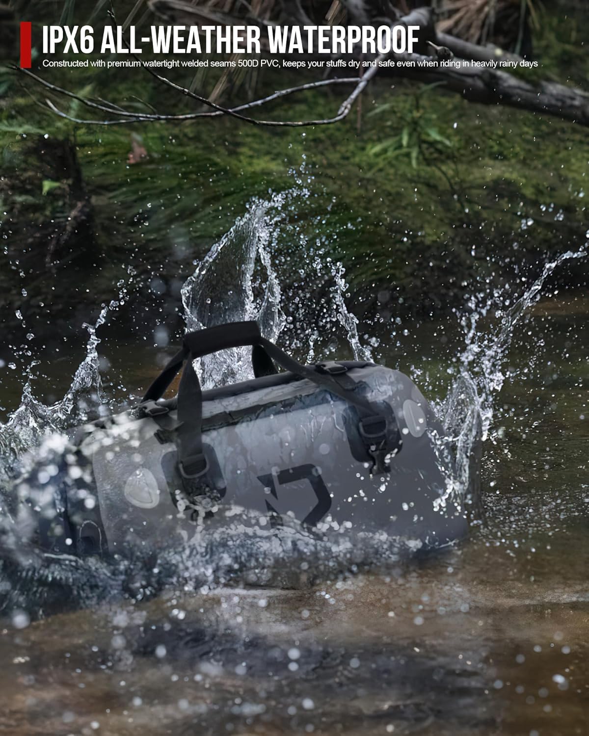 IRON JIA'S Motorcycle Dry Bag - Waterproof Duffle & Luggage Tail Bag Saddle Bags with Roll Top Closure, Shoulder Straps, Inner Pocket and Mesh Pocket (Grey, 50L)