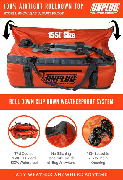 UNPLUG Ultimate Adventure Bag | 1680D Heavy Duty Waterproof Bag | Large Travel Duffle Bag which can be Used for Camping, Motorcycling, Boating, or Hunting (155L Adventure Orange)