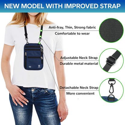 Neck Wallet – Travel Pouch and RFID Blocking Passport Holder for Women and Men, Slim Travel Wallet (Navy)