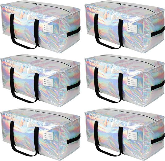 6 Pack Heavy Duty Moving Bags Extra Large Waterproof Foldable Clothing Storage Totes Bags with Zipper,Reinforced Handles,Packing Moving Boxes for Dorm & Seasonal Storage,Iridescent