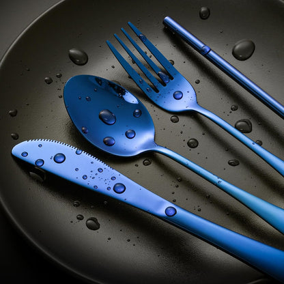 Boulder Bee | Travel Utensils Set | Reusable Camping Cutlery Set | Stainless Steel Flatware Set | Portable Silverware Set with Case | Includes Knife/Fork/Spoon/Straw/Cleaning Cloth/Case (Blue)