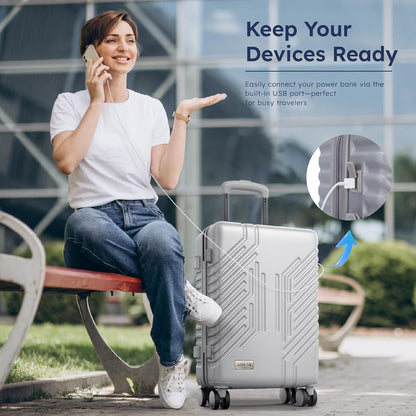 20-inch Carry On Luggage Airline Approved - PC+ABS Lightweight Suitcase with Built-in TSA Lock，Hard-shell Durable Rolling Luggage with USB Port