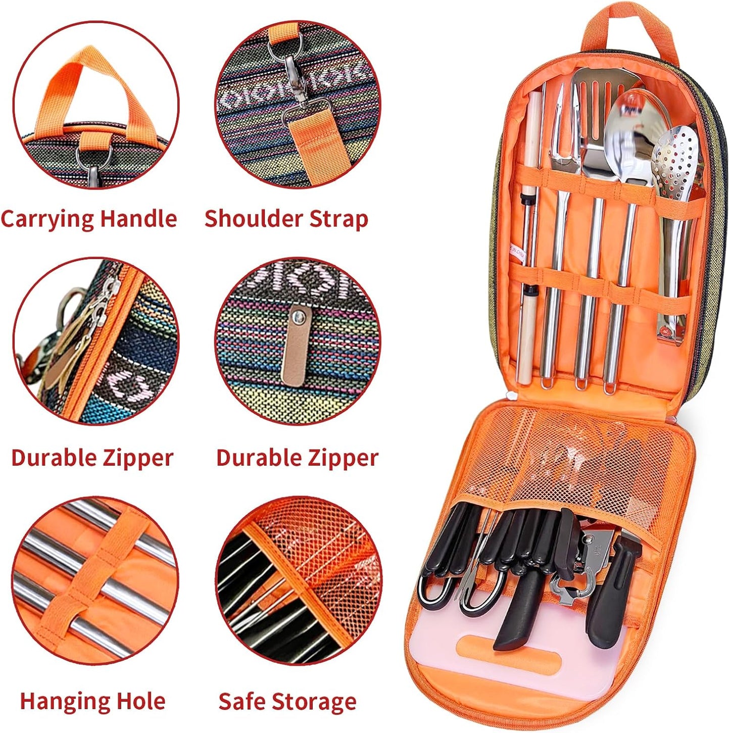 Portable Camping Kitchen Utensil Set-27 Piece Cookware Kit, Stainless Steel Outdoor Cooking and Grilling Utensil Organizer Travel Set Perfect for Travel, Picnics, RVs, Camping, BBQs, Parties and More