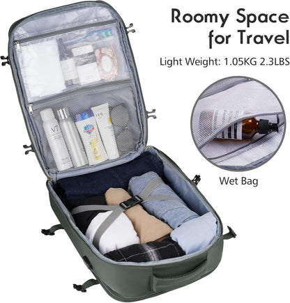 MOMUVO Large Travel Backpack Women, Flight Approved Carry On Backpack, Water Resistant Anti-Theft Large Casual Daypack Fit 17 Inch Laptop with USB Charging Port, Olive Green