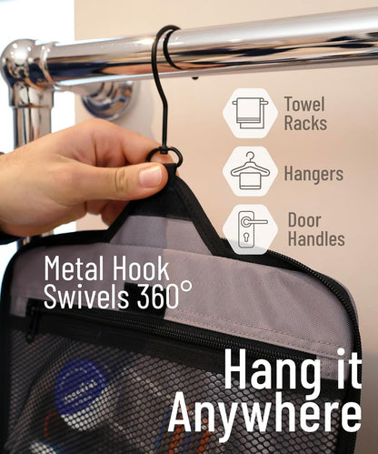 D&D Hanging Travel Toiletry Bag for Men and Women – Large Cosmetics, Makeup and Toiletries Organizer Kit with 10 Compartments, YKK Zippers, XXL Metal Swivel Hook, Water-Resistant Nylon