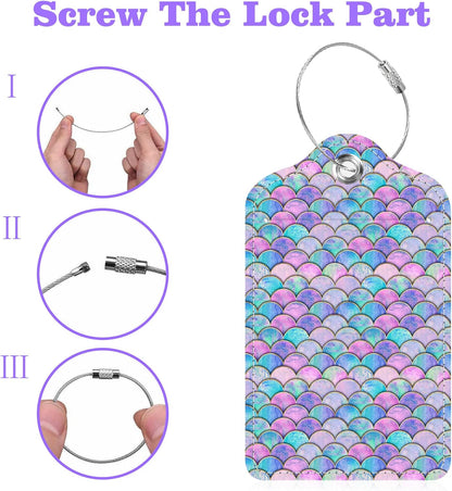 2 Pack Luggage Tags for Suitcase Watercolor Mermaid Fish Scale Wave Leather Stainless Steel Loop Label Tags for Women Men Travel Bag Suitcase with Privacy Cover Name ID Card