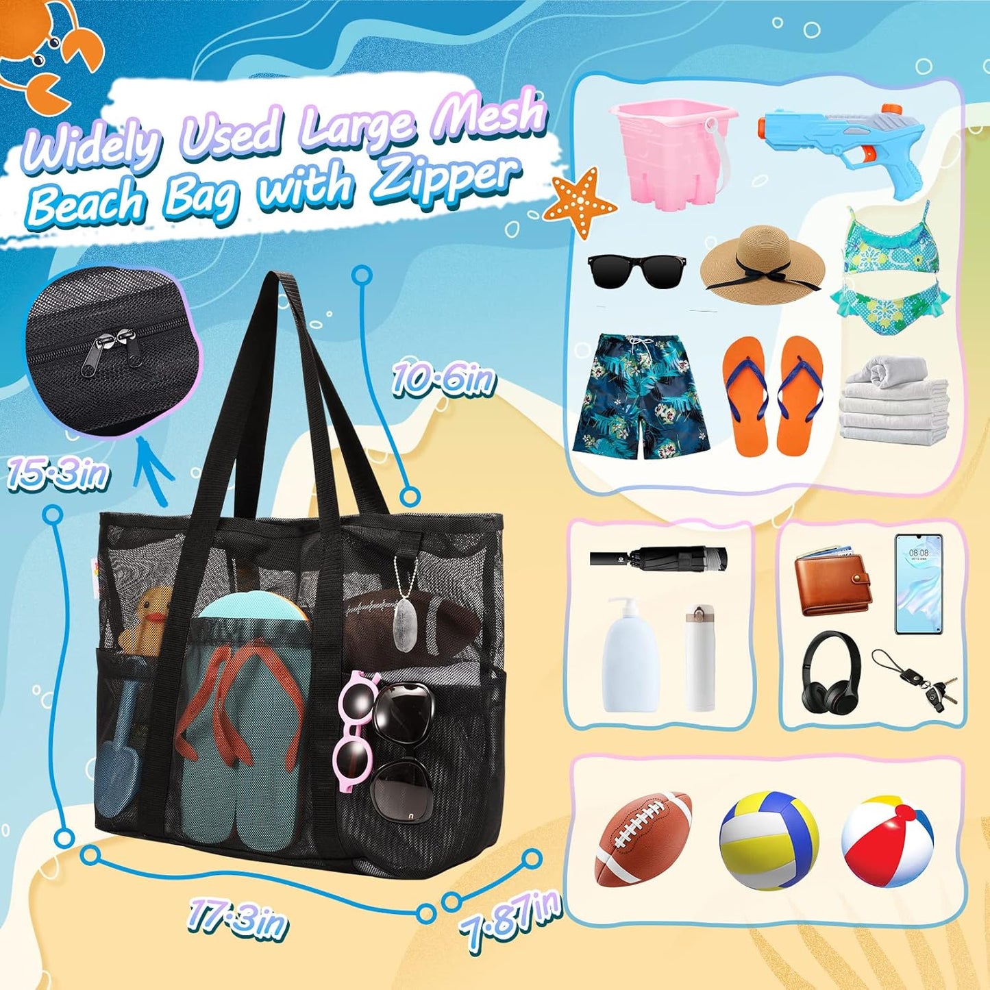 Tagitary Mesh Beach Bag with Zipper Large Beach Tote Waterproof Sandproof with 8 Pockets for Toys Pool Bag Beach Accessories