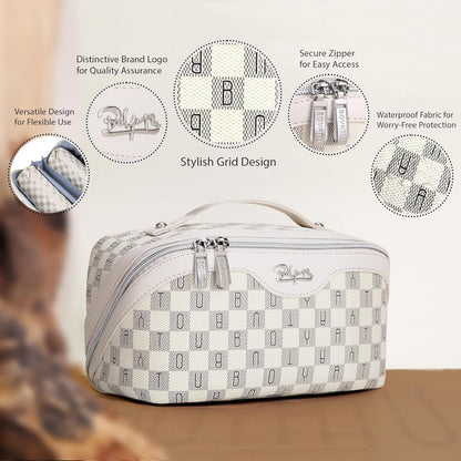 BOYATU Travel Makeup Bag Cosmetic Bags for Women: 3 Pcs Set Portable Make up Bag with Handle - Vegan Leather Toiletry Bags with Compartments - Makeup Organizer for Travel Essentials(02-Beige)