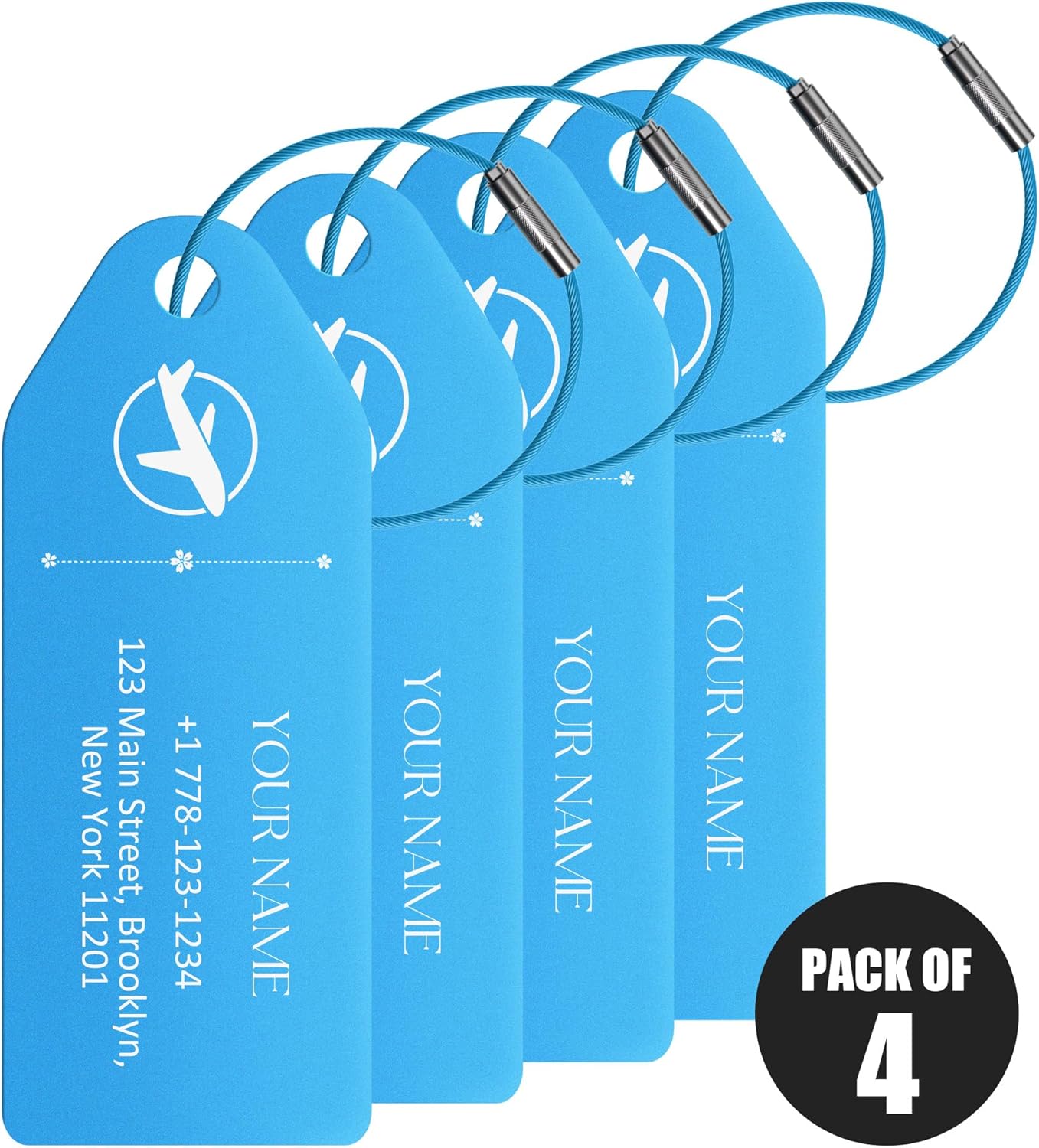 4 PCS Personalized Metal Luggage Tag – Personalized Engraved Suitcase Tag, Backpack Tag, with Matching Color Strap, Waterproof Suitcase Name Badge – Ideal Corporate Gift & Travel Accessory (Blue)