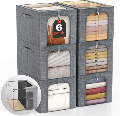 GoMaihe Clothes Storage Bin with Metal Frame: 6-Pack Stackable Closet Storage Bin with Lid & Clear Window, Sweater Boxes Storage for Closet Bedding Clothing Storage Organizer 40L