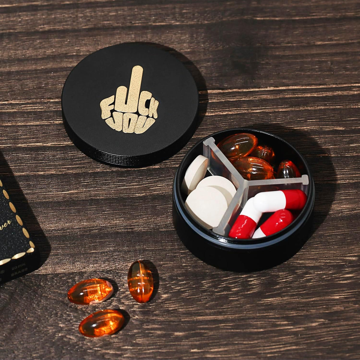 Small Pill Case 3 Compartments, Metal Round Portable Pill Box, Waterproof Travel Pill Organizer, Pocket Purse Medicine Vitamin Holder EDC Container (Black with Finger)