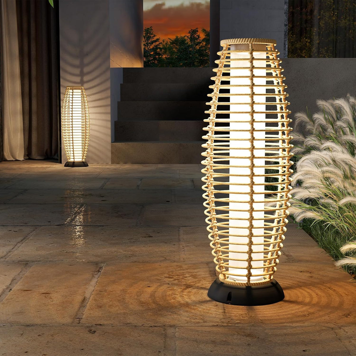 Grand patio Floor Lamp Outdoor Lamp Patio Lights Solar Powered Lantern Weather-Resistant Wicker Deck Lights, Lamp Large-Sized for Garden (Austin Natural Brown)