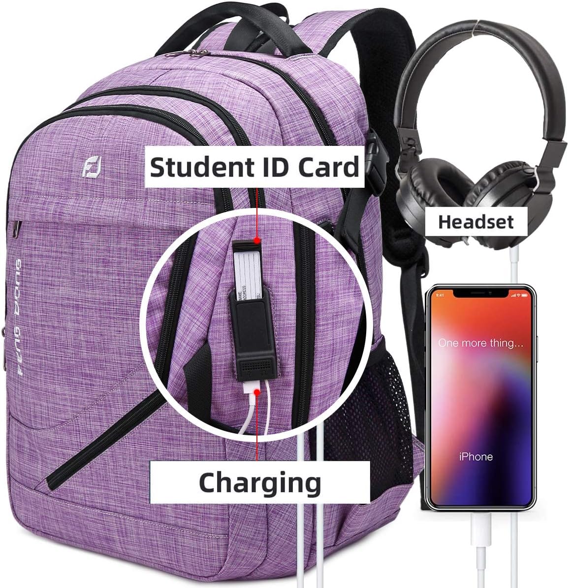 FENGDONG Large Laptop Backpack 17.3 inch Durable Waterproof Travel College Backpack Bookbag for Men & Women Business Backpack with USB Charging Port and Headset Port Light Purple