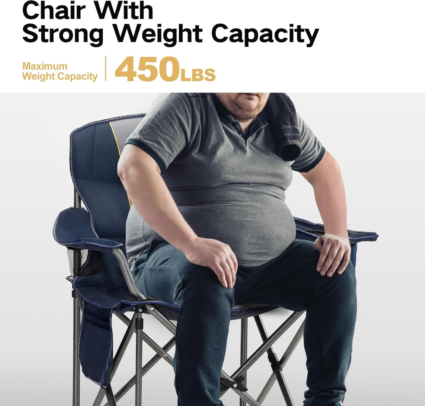 ALPHA CAMP Oversized Camping Chair Heavy Duty Lawn Chair with Cooler Bag Support 450 LBS Steel Frame Collapsible Padded Arm Quad Lumbar Back Folding Chair for Lawn Outdoor