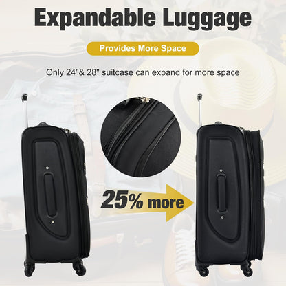 Merax Softside Luggage Set Softshell Lightweight 3 Piece Spinner Suitcase with Duffel Bag Expandable Upright Travel Luggage 22" 26" 30",Black