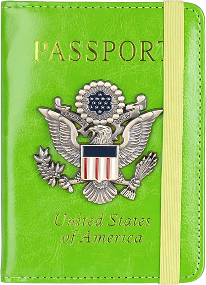 Passport Holder for Travel Passport Cover for Men Passport Wallet Case with Metal 3D Metal Badge Protector Leather Card Case RFID Blocking Women Travel Accessories Document Organizer (Green)