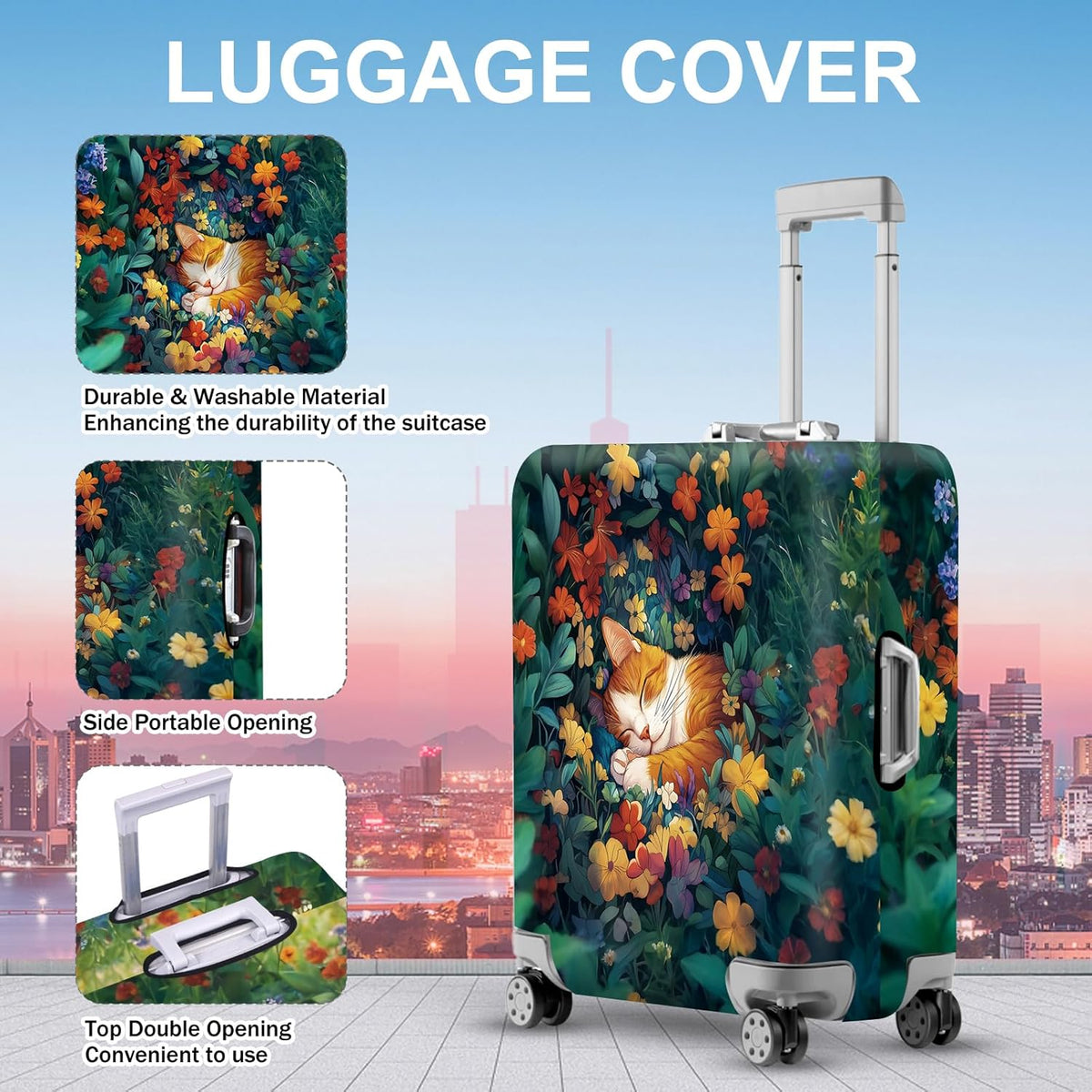 ANNA QUEEN Dreamy Cat Luggage Cover, Cat Sleeping in a Flower Field Design, Stretchable, Washable Travel Protector for 32-34 Inch Luggage