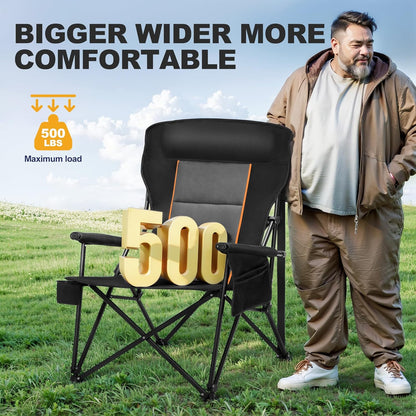 LET'S CAMP Oversized Camping Chairs 29.52" High Back Heavy Duty Lawn Chair Support 500LBS, Portable Collapsible Chair with Cup Holder, Side Pocket(Black)