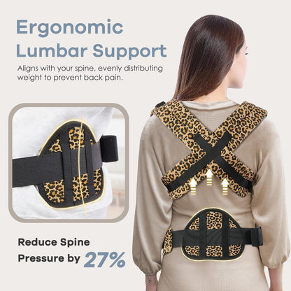 Baby Carrier with Lumbar Support, Cozy Baby Carrier Newborn to Toddler with Adjustable Seat Size, Ergonomic Infant Carrier with 3-Way Carry, Front Facing Toddler Hodler Carrier for Mom & Dad, Leopard