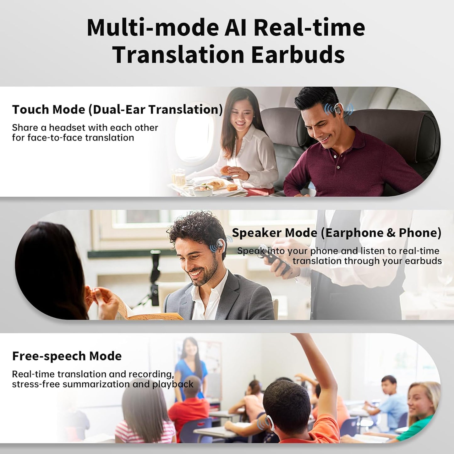 AI Translation Earbuds Real Time Languages Translator Ear Buds Audifonos Traductores Inglés Español 3-in-1 Translating Wireless Earphone Bluetooth Headphones for Travel Business Meeting Learning White