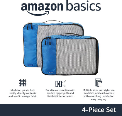 Amazon Basics Packing Cubes for Travel, Packing Organizers Set, 4-Piece-Set (2 Medium And 2 Large) With Double Zipper Pulls and Mesh Top Panel, 100% Durable Polyester, Blue