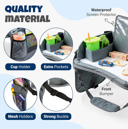 Kids Travel Tray with Dry Erase Board - Car Seat Tray for Kids Travel, Carseat Table Top for Toddler, Lap Desk for Car Seat, Activity Organizer & Snack Holder, Road Trip Essentials for Kid (Gray)
