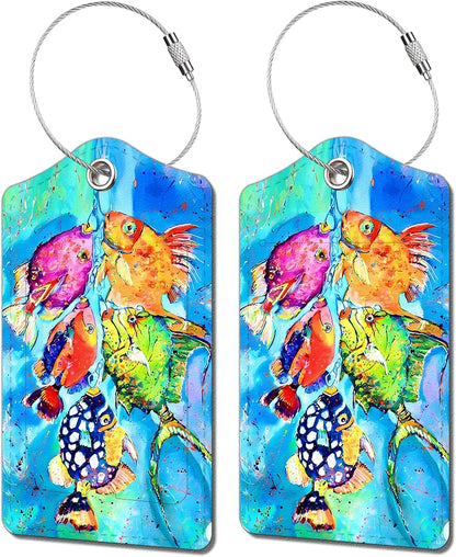 2 Pack Luggage Tag for Suitcase, Cute Unique Leather Bag Tags Identifiers Privacy Cover ID Label with Durable Steel Loop for Women Men Kids Girls Travel，Fish