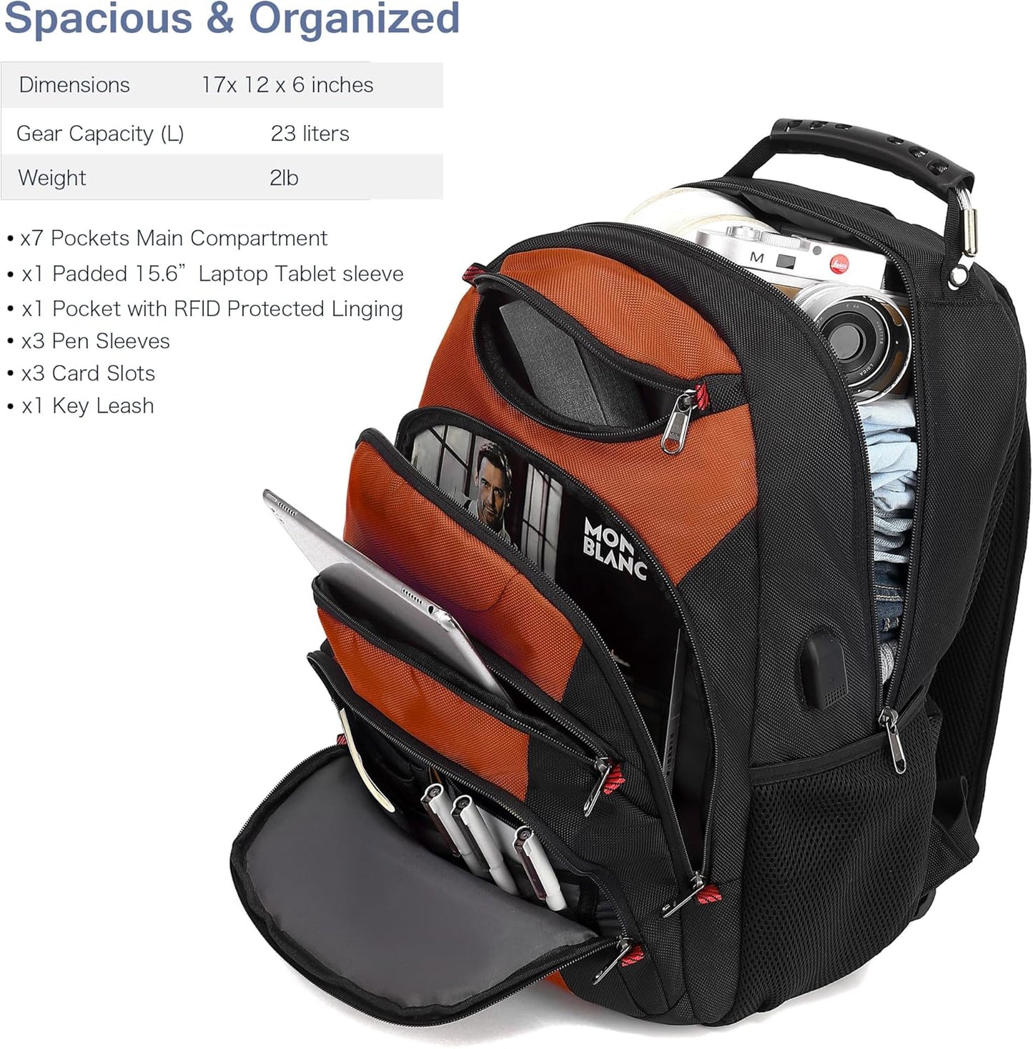 Boavan Laptop Backpack for men, 15.6 inch Laptop Bag with USB Port, Waterproof Travel Work Backpack Purse, Anti-Theft Teacher Nurse Doctor Casual Bookbags Office Business backpack，Deep Orange Black