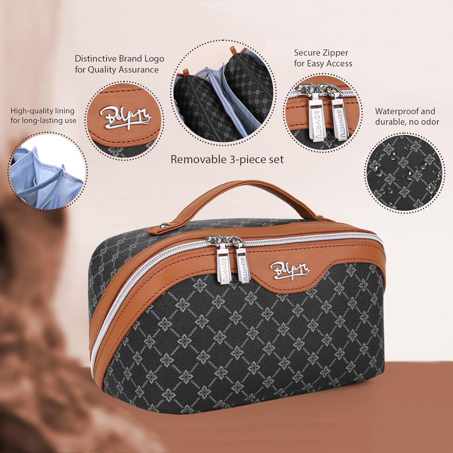 BOYATU Travel Makeup Bag Cosmetic Bags for Women: 3 Pcs Set Large Portable Make up Bag with Handle - Vegan Leather Toiletry Bags with Compartments - Makeup Organizer for Travel Essentials(01-Black)