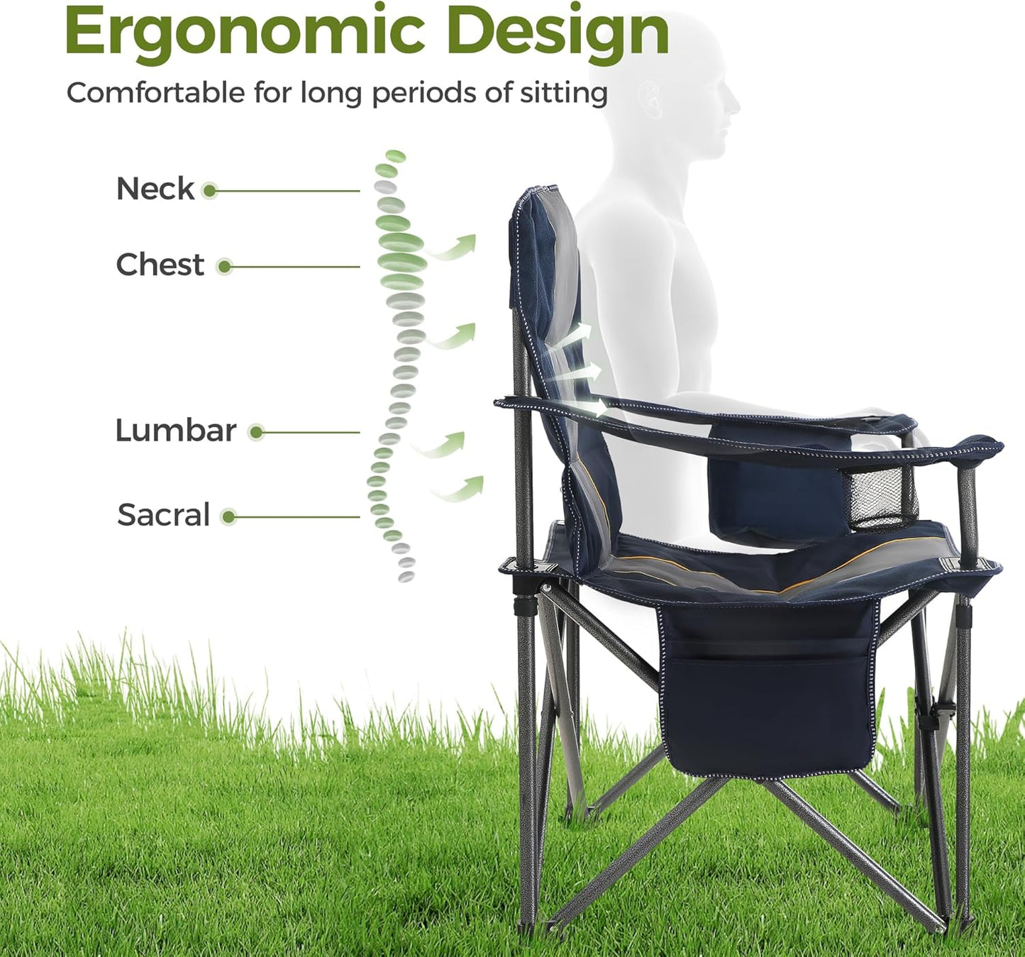 ALPHA CAMP Oversized Camping Chair Heavy Duty Lawn Chair with Cooler Bag Support 450 LBS Steel Frame Collapsible Padded Arm Quad Lumbar Back Folding Chair for Lawn Outdoor